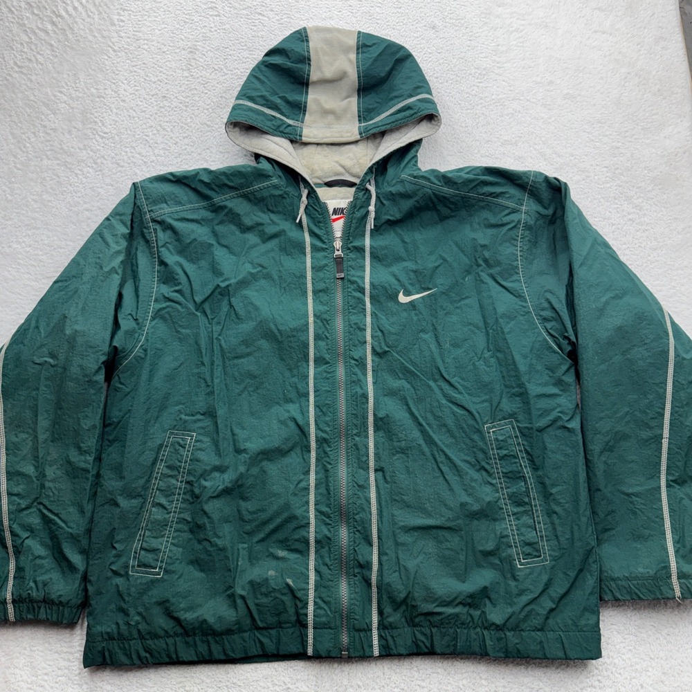 Vintage Nike Windbreaker Jacket XL Green Quilted Lined Full Zip Hooded Coach 90s